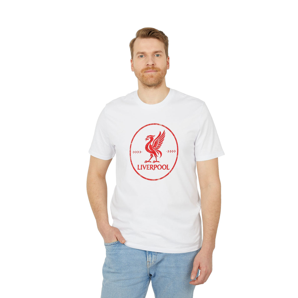 Lifestyle mockup of the Premium Liverpool Retro Crest T-Shirt