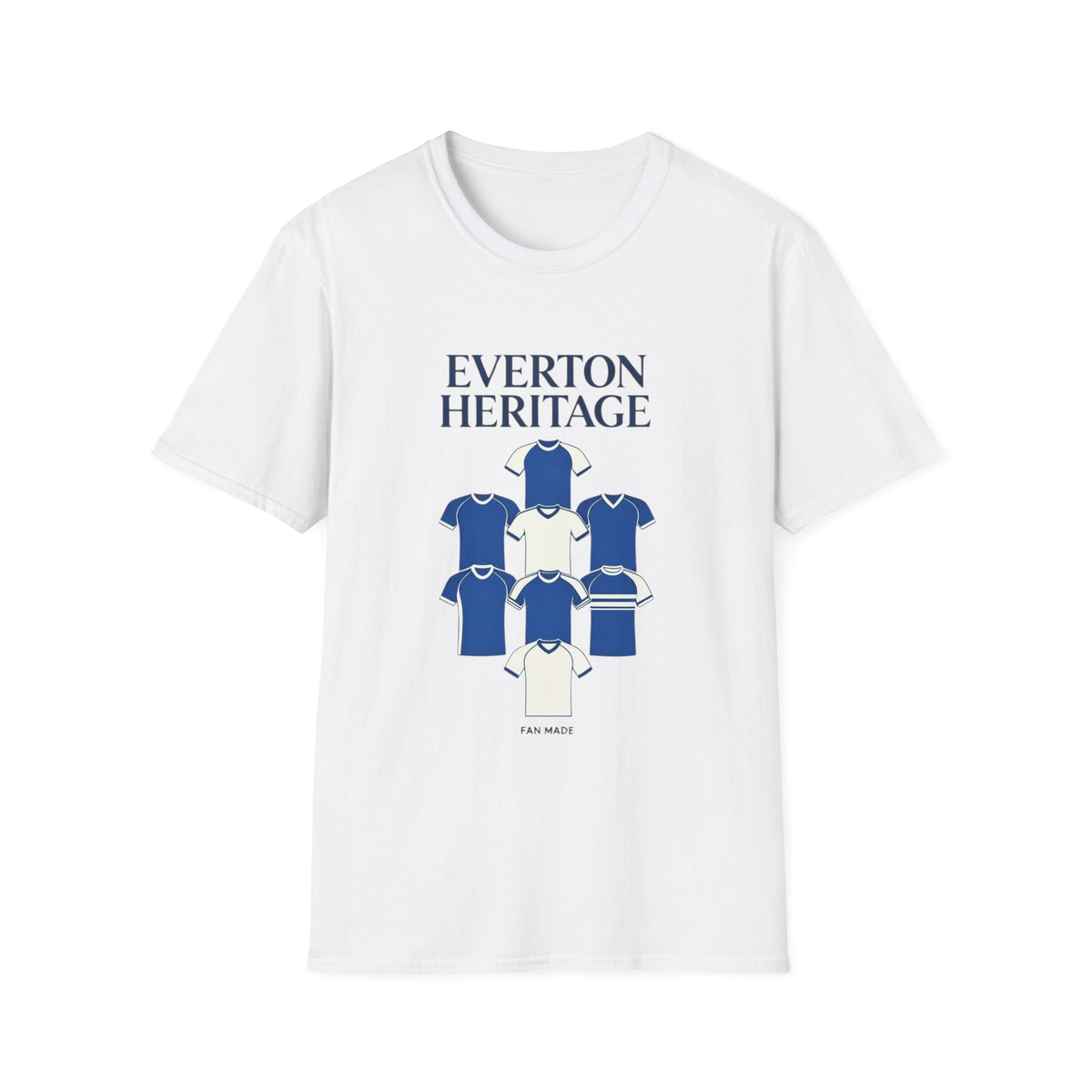 Everton Heritage Retro Football Tee — 'Club Kits' Blue Collage T-Shirt