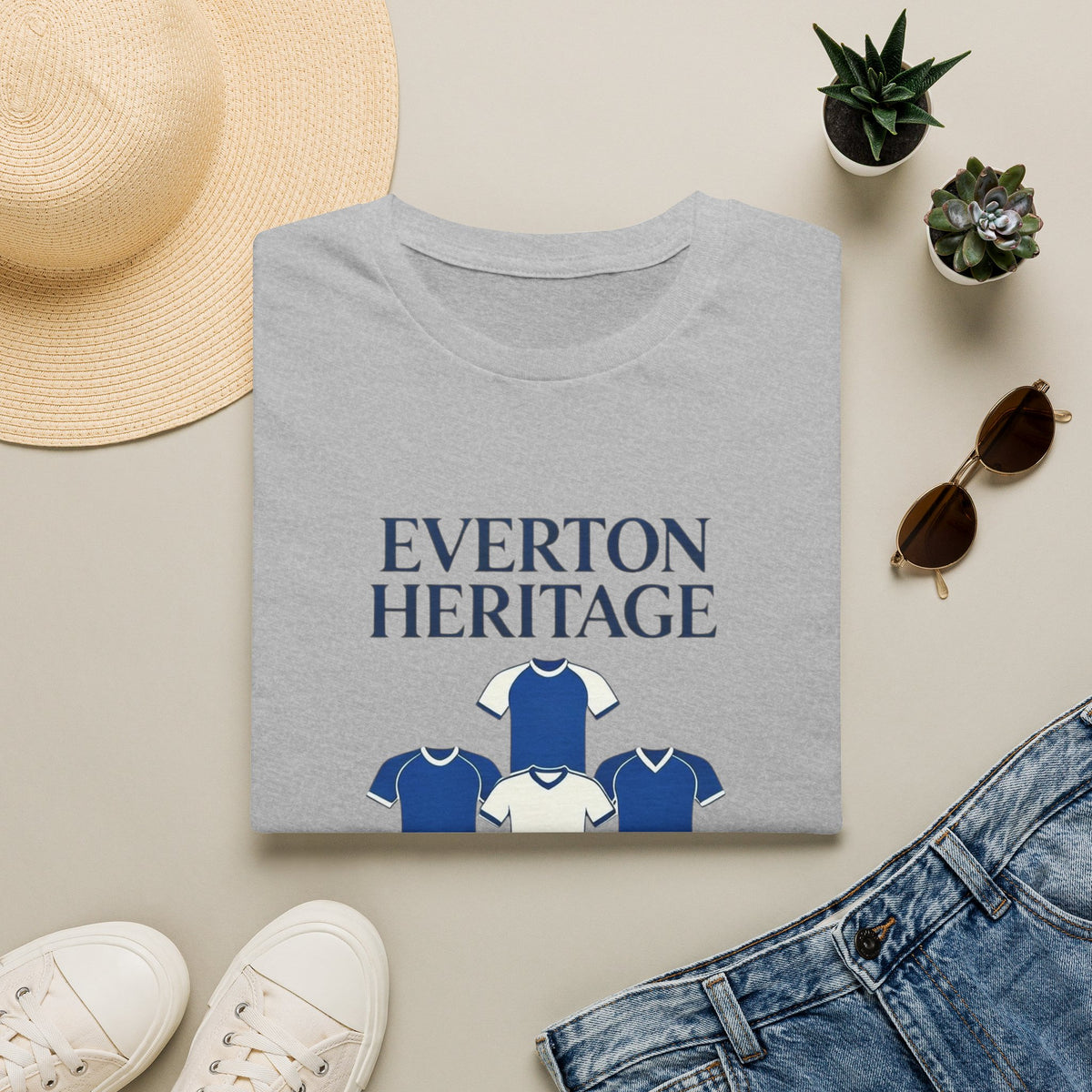 Everton Heritage Retro Football Tee — 'Club Kits' Blue Collage T-Shirt