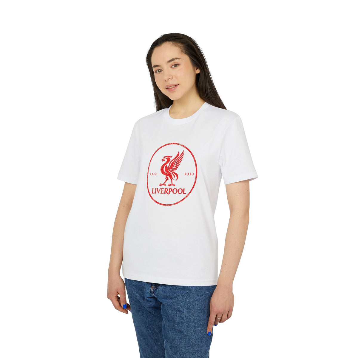Lifestyle mockup of the Premium Liverpool Retro Crest T-Shirt