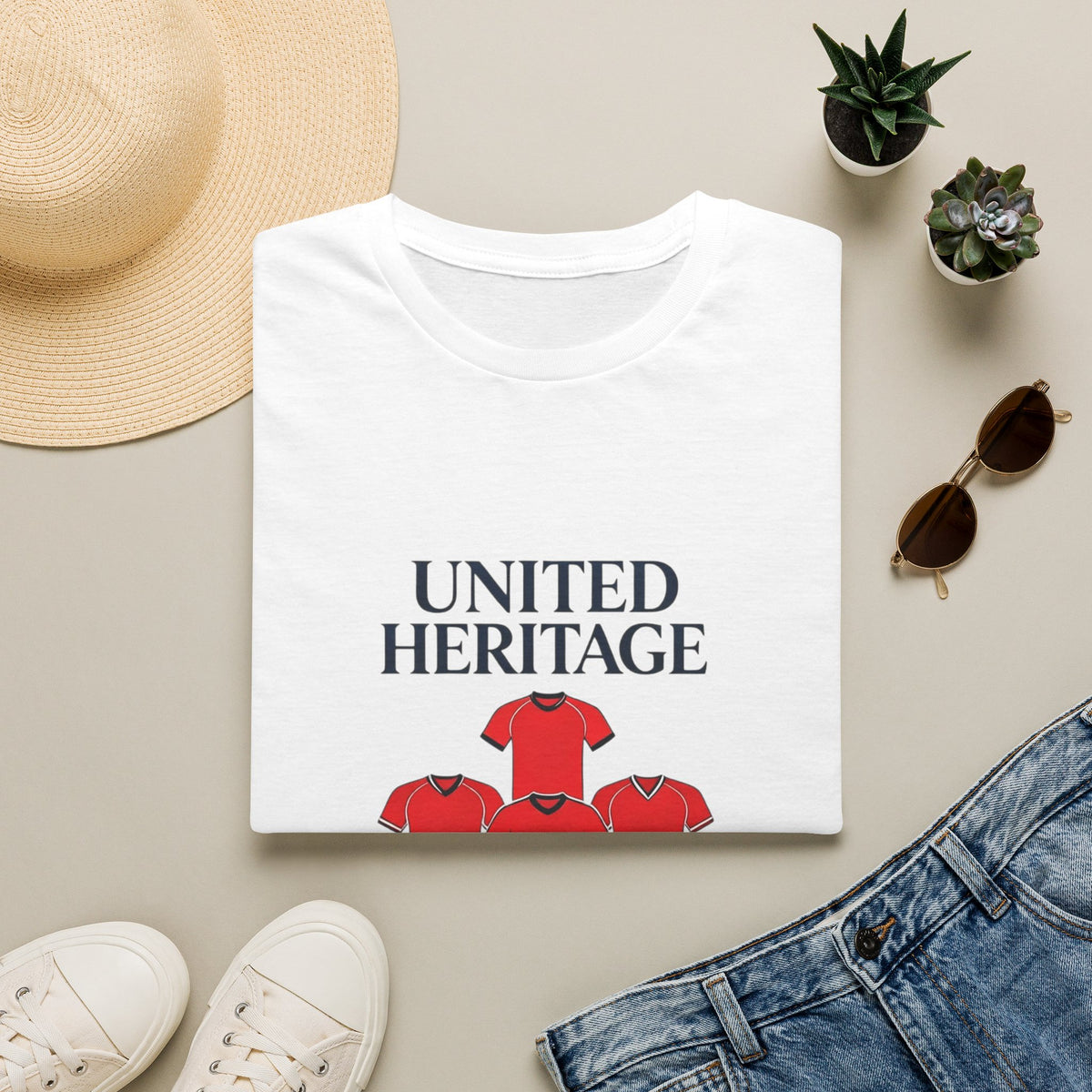 Manchester United Heritage Tee — "UNITED HERITAGE" Red Jersey Graphic 