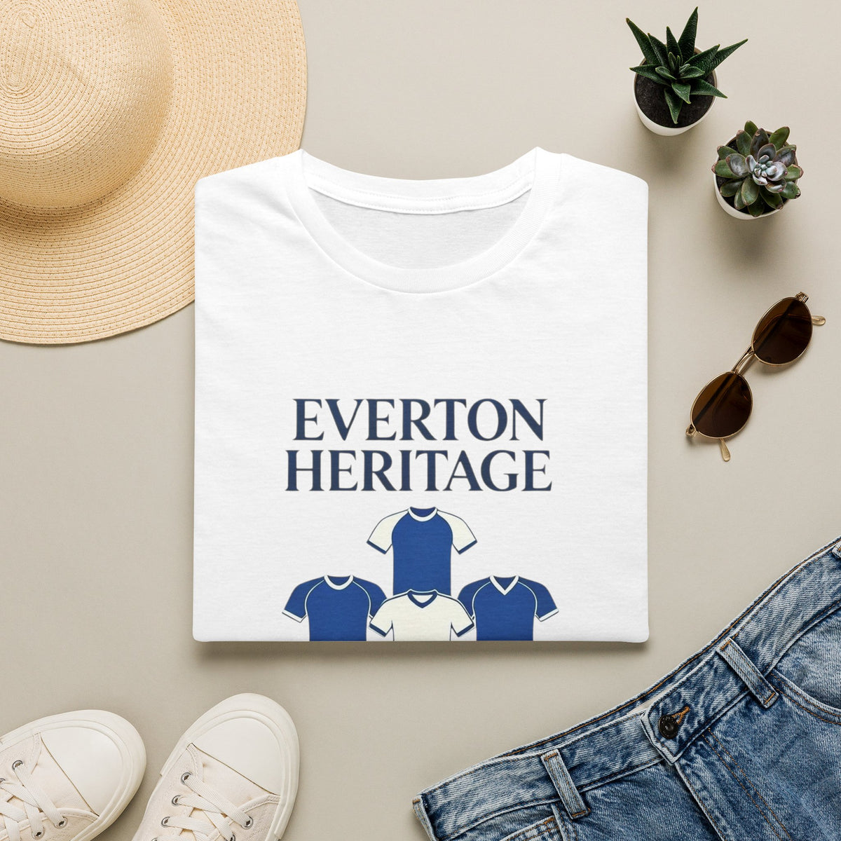 Everton Heritage Retro Football Tee — 'Club Kits' Blue Collage T-Shirt