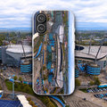 Manchester City Etihad Stadium Flexi phone case displayed against an Etihad Stadium photograph