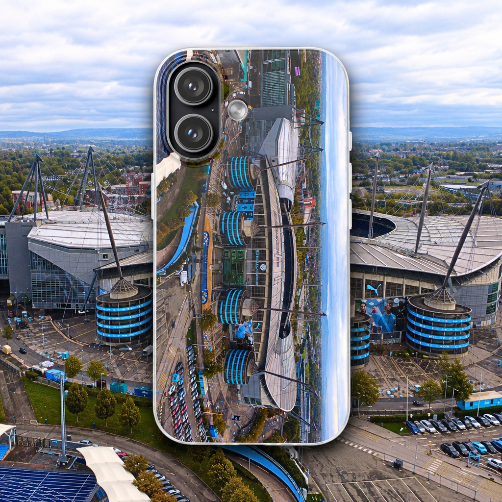 Manchester City Etihad Stadium Flexi phone case displayed against an Etihad Stadium photograph